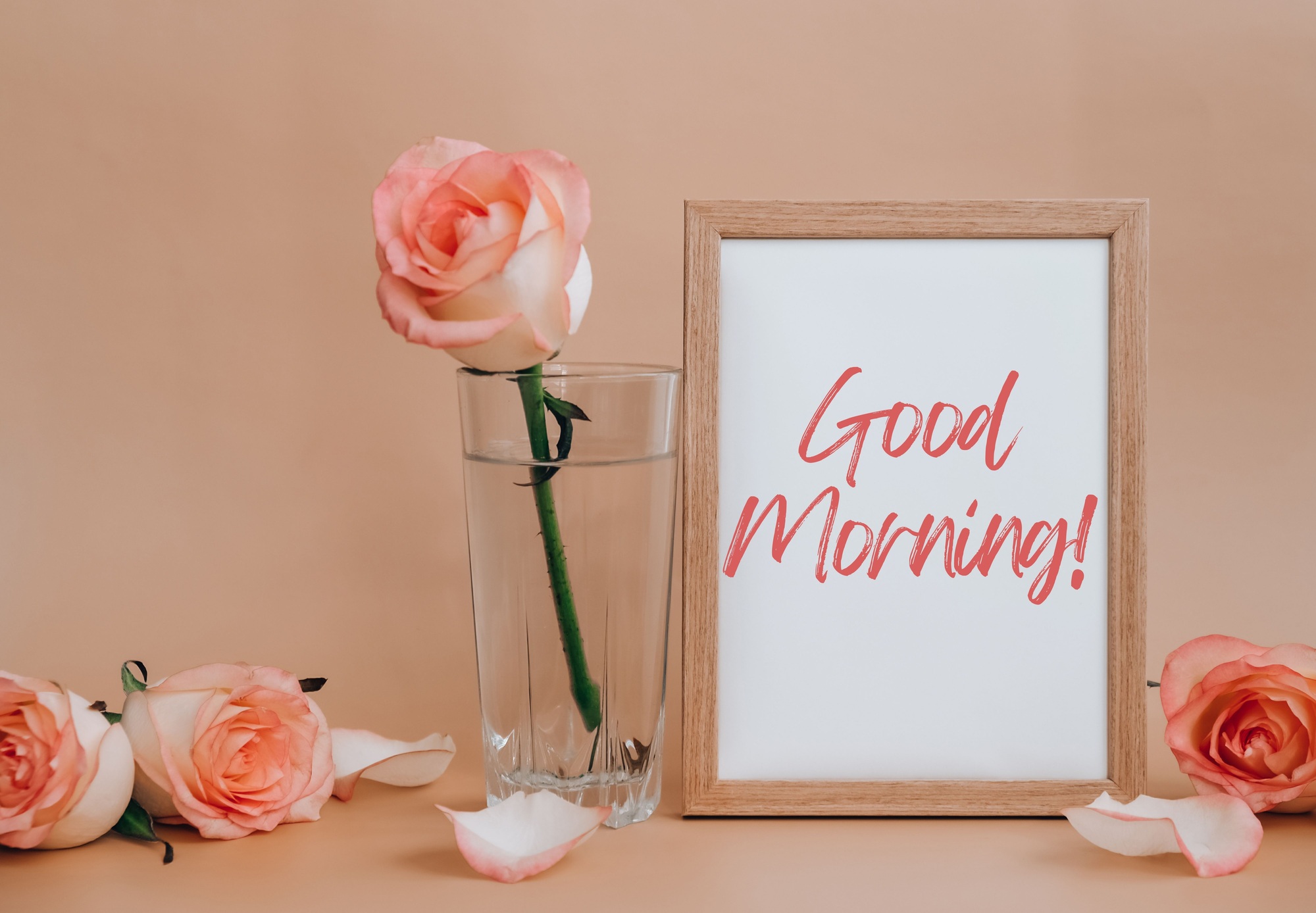 Mockup Wooden frame with text good morning on blank and delicate pink roses on beige background