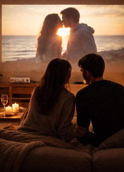 organisez une soirée couple inoubliable avec un cinéma romantique à la maison, grâce au vidéoprojecteur epson pour une expérience visuelle immersive et chaleureuse.