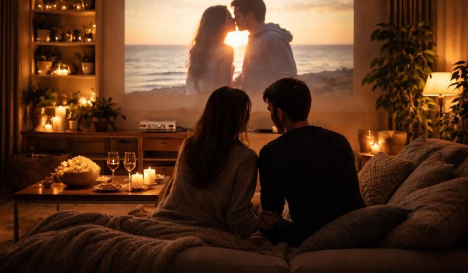 organisez une soirée couple inoubliable avec un cinéma romantique à la maison, grâce au vidéoprojecteur epson pour une expérience visuelle immersive et chaleureuse.