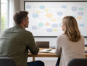 atelier communication pour couples, projeté sur écran de projection, favorisant l'écoute, l'échange et la compréhension mutuelle.