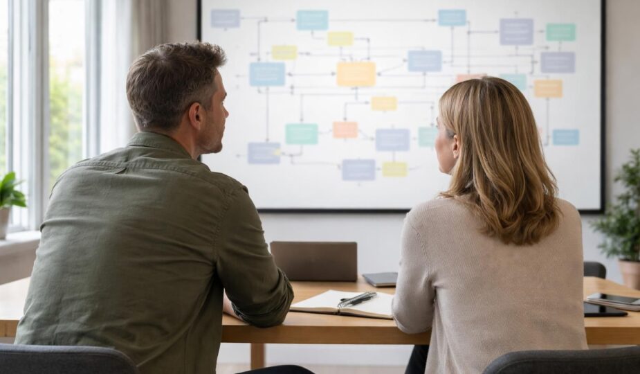 atelier communication pour couples, projeté sur écran de projection, favorisant l'écoute, l'échange et la compréhension mutuelle.