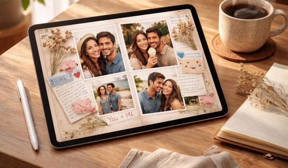 découvrez l'album “nous”, un scrapbook de couple conçu spécialement pour ipad air. capturez et partagez vos moments précieux avec élégance et simplicité.